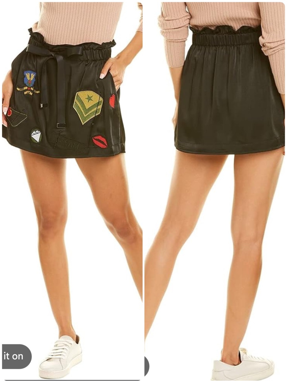 Ramy Brook Carsie Patch Mini Skirt Black Satin Patches Beaded Size Small - Picture 2 of 10